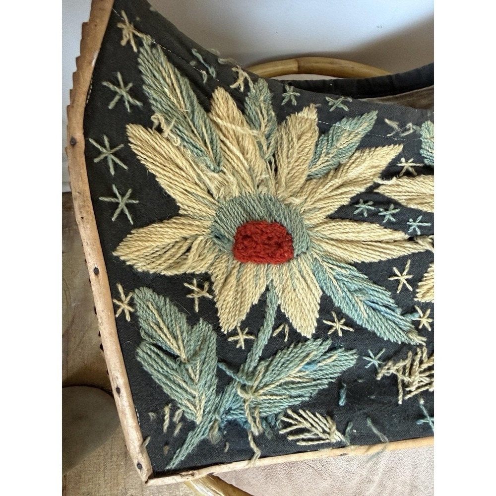 Portugal Embroidered Straw Basket Purse Woven Handle Floral Folk Art Boho VTG - Picture 3 of 15